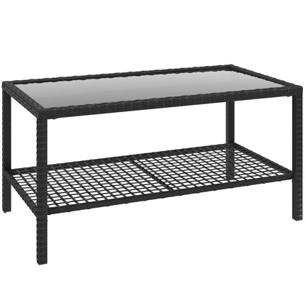 Two-Tier Rattan Coffee Table with Glass Top, Black