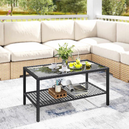 Two-Tier Rattan Coffee Table with Glass Top, Black