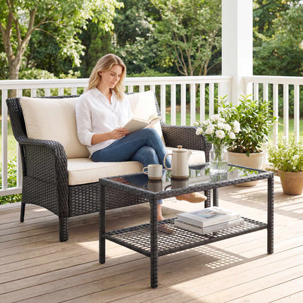 Two-Tier Rattan Coffee Table with Glass Top, Black