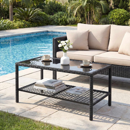 Two-Tier Rattan Coffee Table with Glass Top, Black