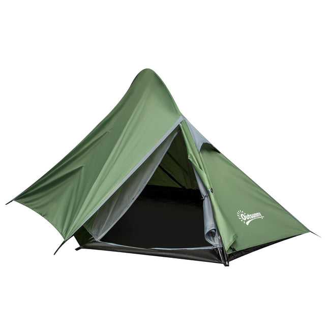 Two-person camping tent with fiberglass poles, dark green