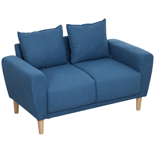 Tweezitsbank met 2 kussens, gestoffeerde bank met 51cm extra diepe zitting, tweezitsbank van fluweel, kleine bank met houten frame, 2-zitsbank voor woonkamer, slaapkamer, kantoor, 133 x 73 x 81 cm, blauw