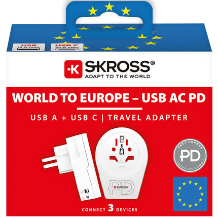 USB-A/USB-C 20W Grounded Adapter for Europe