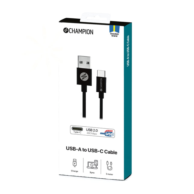 USB-A to USB-C Cable 3m Black