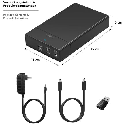 USB-C SATA HDD/SSD Enclosure, 2.5"/3.5", Tool-Free, Black