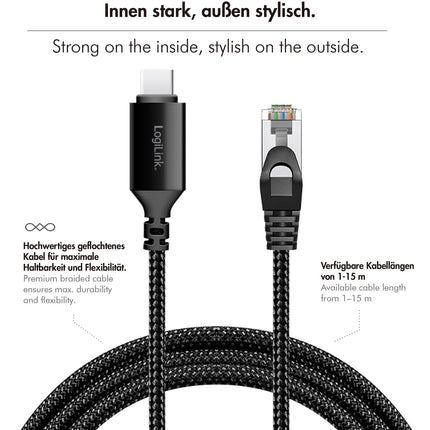 USB-C to RJ45 Ethernet Cable, 1 Gbps, 2m Length