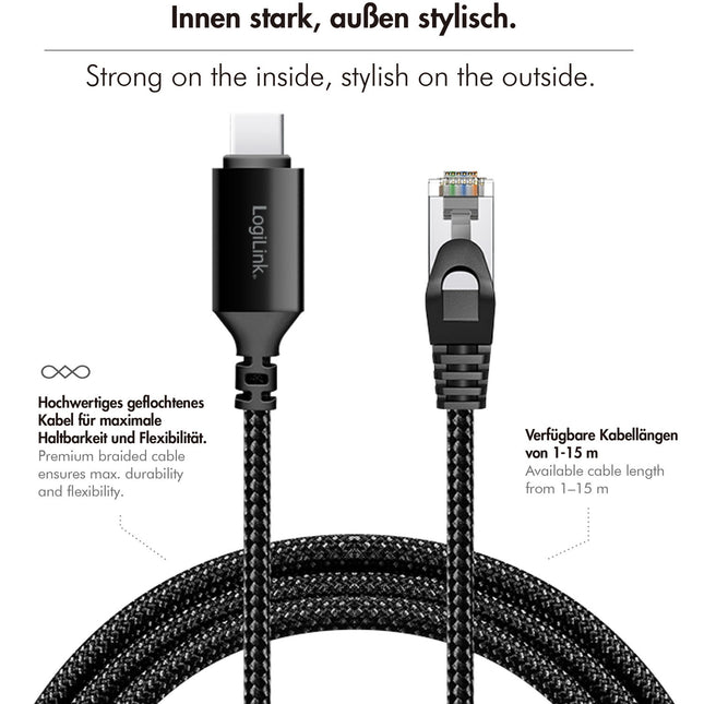 USB-C to RJ45 Ethernet Cable, 1 Gbps, 2m Length