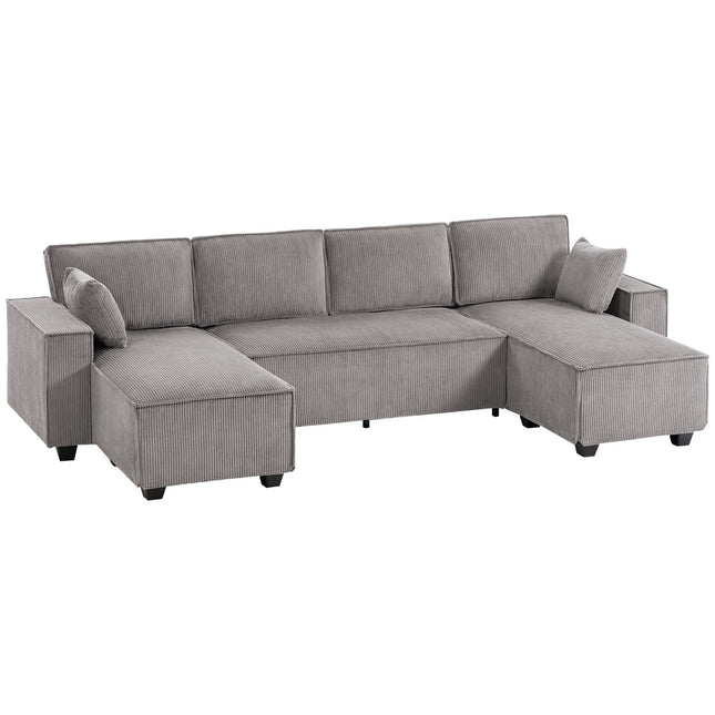 U-Shaped Corduroy Sectional Sofa With Double Chaise, Light Gray