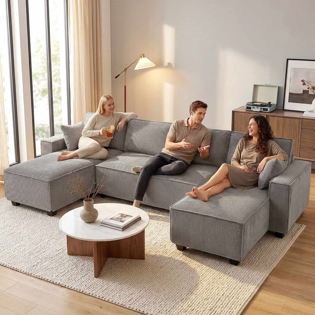 U-Shaped Corduroy Sectional Sofa With Double Chaise, Light Gray