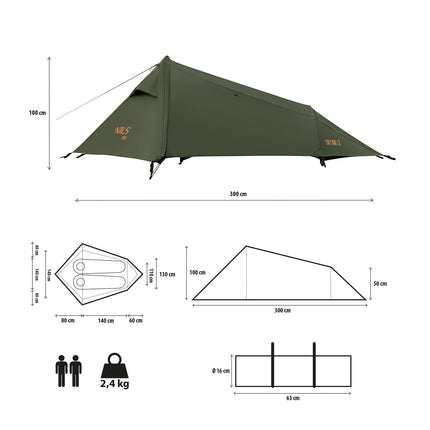 Ultra Light 2-Person Tent, Green, Compact Camping