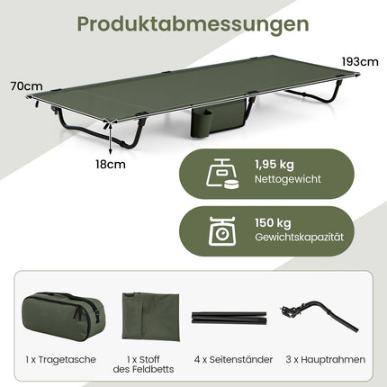 Ultralight Folding Camping Cot with Side Pocket, 150kg Capacity