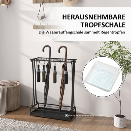 Steel umbrella stand with 24 hooks & water tray, black
