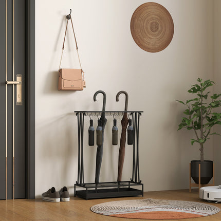 Steel umbrella stand with 24 hooks & water tray, black