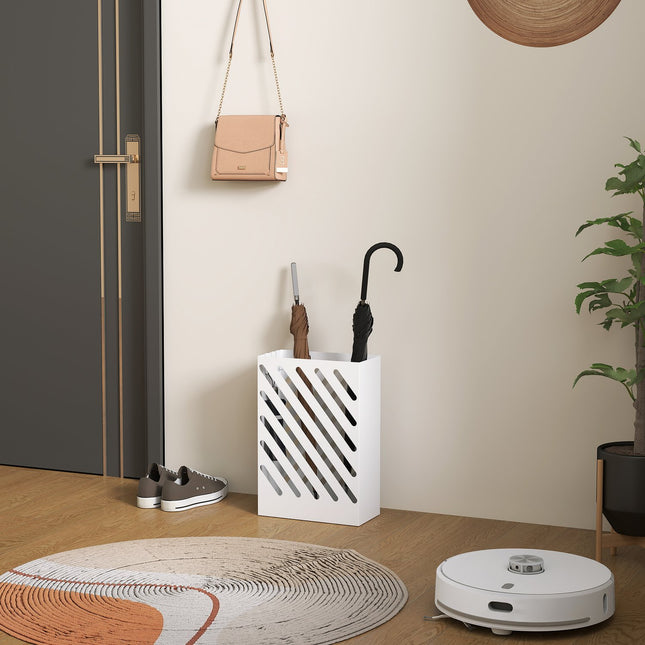 Umbrella stand in white steel with hooks and water tray