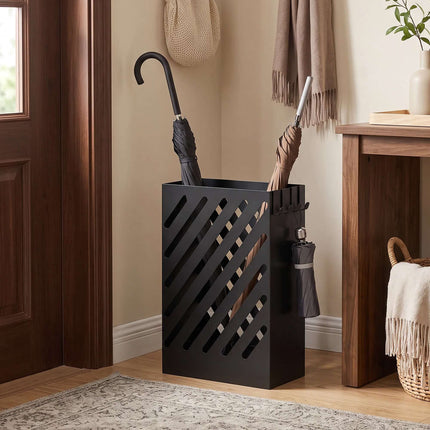 Umbrella Stand with Drip Tray, 4 Hooks, Steel, Black