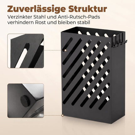 Umbrella Stand with Drip Tray, 4 Hooks, Steel, Black