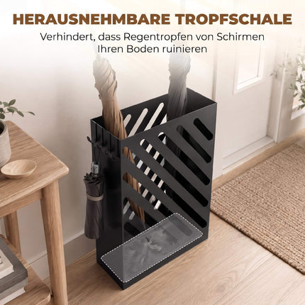 Umbrella Stand with Drip Tray, 4 Hooks, Steel, Black