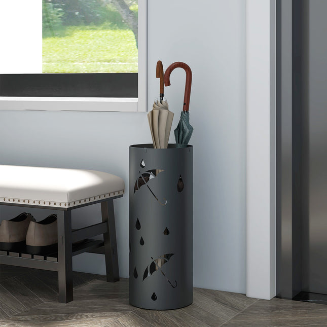 Steel umbrella stand with hooks & drip tray, dark grey