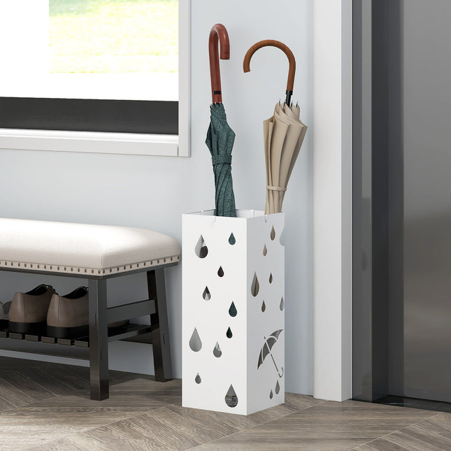 Steel umbrella stand with hooks and water tray - White