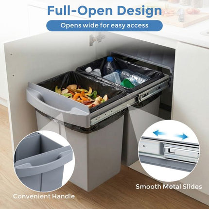 Under-Cabinet Pull-Out Trash Can, 40L 2-Bin, Grey