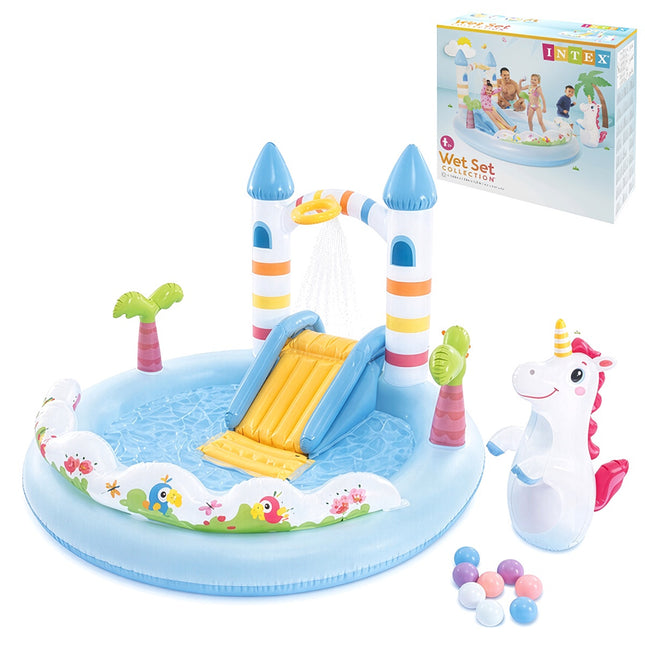 Unicorn Castle Water Playground with Slide, 196x178x127 cm