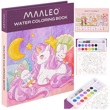 Unicorn Watercolour Colouring Book with 12 Paints, Water Brush, 24 Sheets