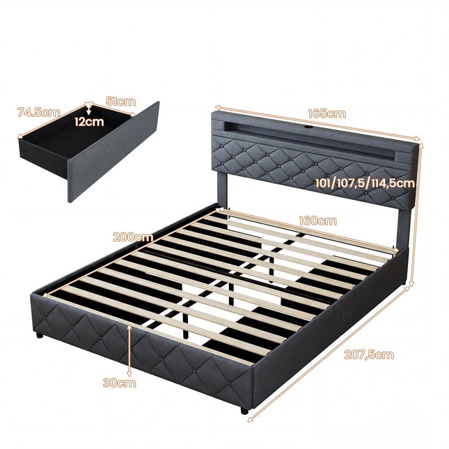 Upholstered Bed Frame 160x200 cm with LED, USB, Drawers