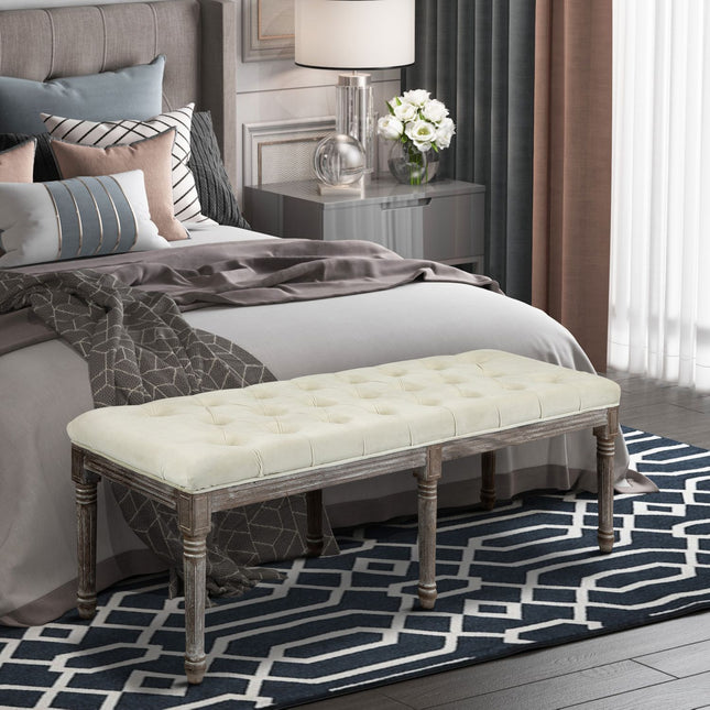 Beige vintage upholstered bench, velvet smooth, 142x47x51 Cm