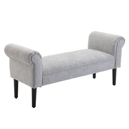 Elegant light gray upholstered bench with rolled sides
