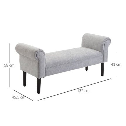 Elegant light gray upholstered bench with rolled sides