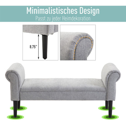 Elegant light gray upholstered bench with rolled sides