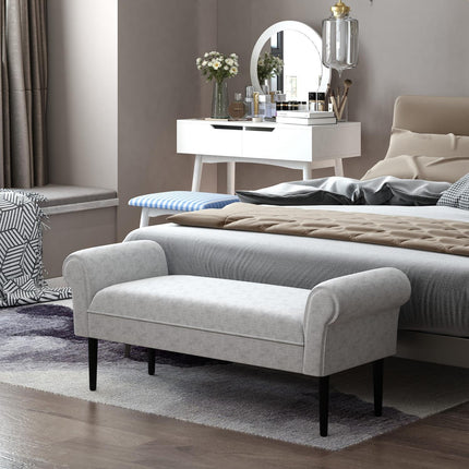 Elegant light gray upholstered bench with rolled sides
