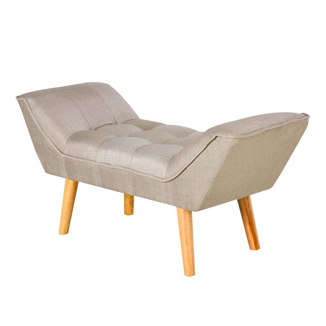 Upholstered bench in retro style, linen cover, wooden legs