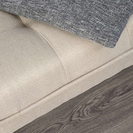 Upholstered bench in retro style, linen cover, wooden legs