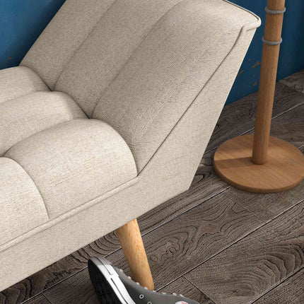Upholstered bench in retro style, linen cover, wooden legs