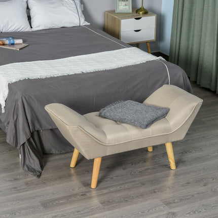 Upholstered bench in retro style, linen cover, wooden legs