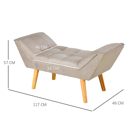 Upholstered bench in retro style, linen cover, wooden legs