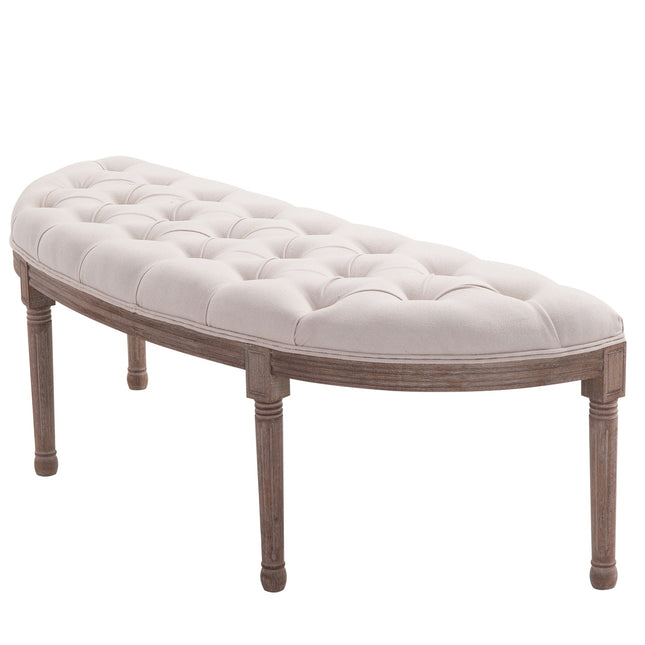 Vintage beige upholstered bench, linen & wood, 140.5 cm