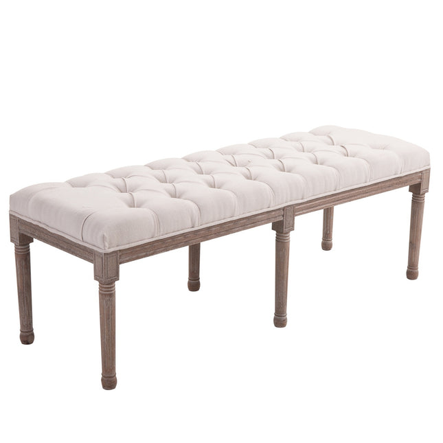 Vintage beige upholstered bench, linen & wood, 142cm
