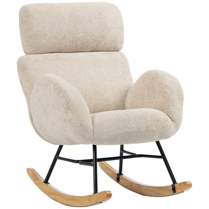 Upholstered Rocking Chair with Adjustable Headrest, Cream White, Rubberwood Legs