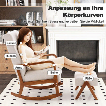 Upholstered Rocking Chair with Stool & Cushions Rocking Chair with Wooden Frame Gray