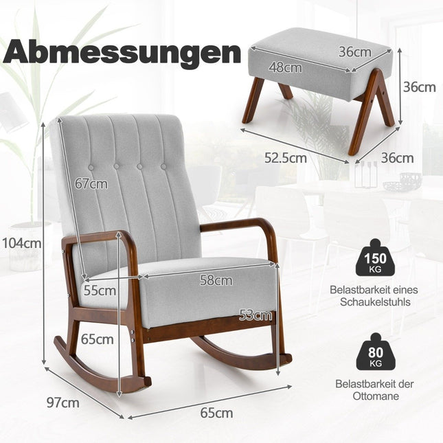 Upholstered Rocking Chair with Stool & Cushions Rocking Chair with Wooden Frame Gray