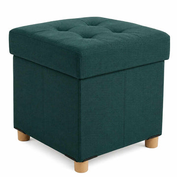 Upholstered Storage Cube Stool with Padded Seat, Dark Green, 38 cm