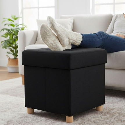 Upholstered Storage Cube with Padded Seat and Wooden Legs