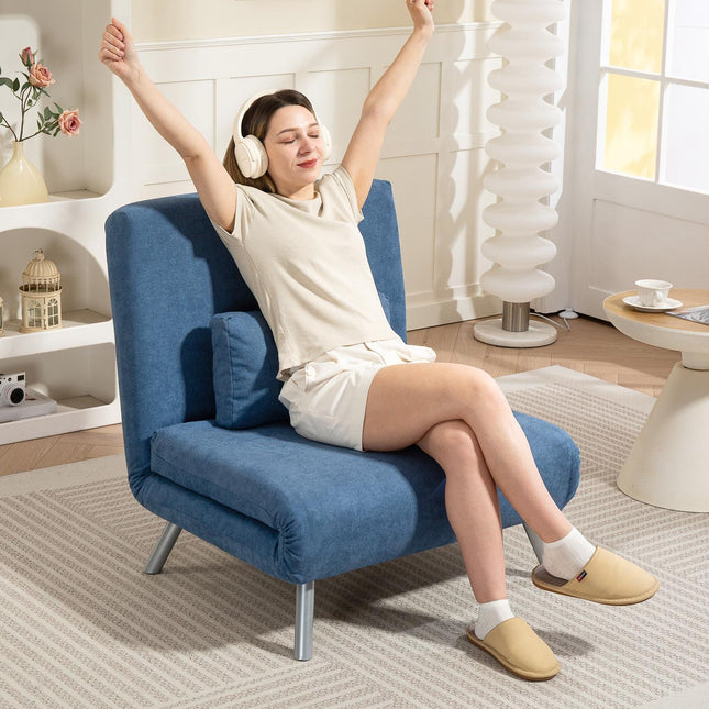 Gestoffeerde fauteuil met bedfunctie, 2-in-1 design, slaapbank, logeerbed, stoffen bekleding, met kussen, blauw