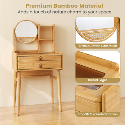 Vanity Desk With Mirror, 23.5 Inch Bamboo, 2 Drawers