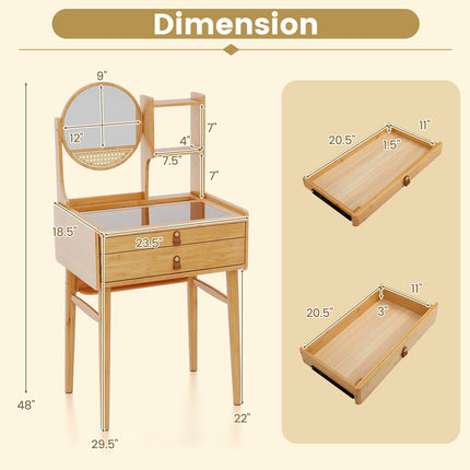 Vanity Desk With Mirror, 23.5 Inch Bamboo, 2 Drawers