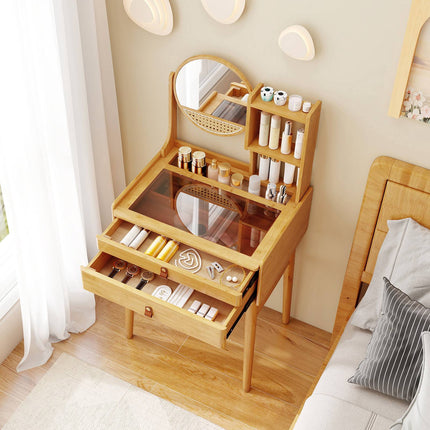 Vanity Desk With Mirror, 23.5 Inch Bamboo, 2 Drawers