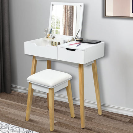 Vanity Desk with Folding Mirror & Stool, White MDF Wood