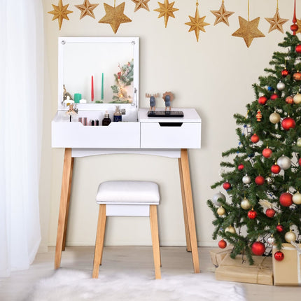 Vanity Desk with Folding Mirror & Stool, White MDF Wood
